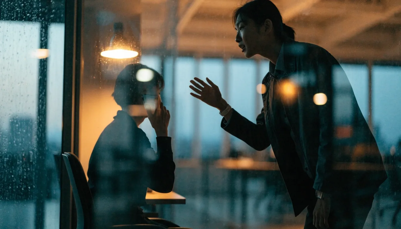 저녁 사무실 창에 맺힌 빗방울 너머로 흐릿하게 보이는 사무 공간