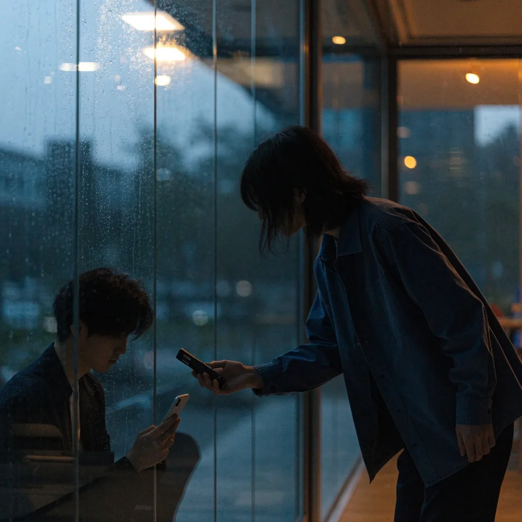 회의록 리뷰 장면: 유리벽 회의실에서 노트북을 두고 이야기하는 팀