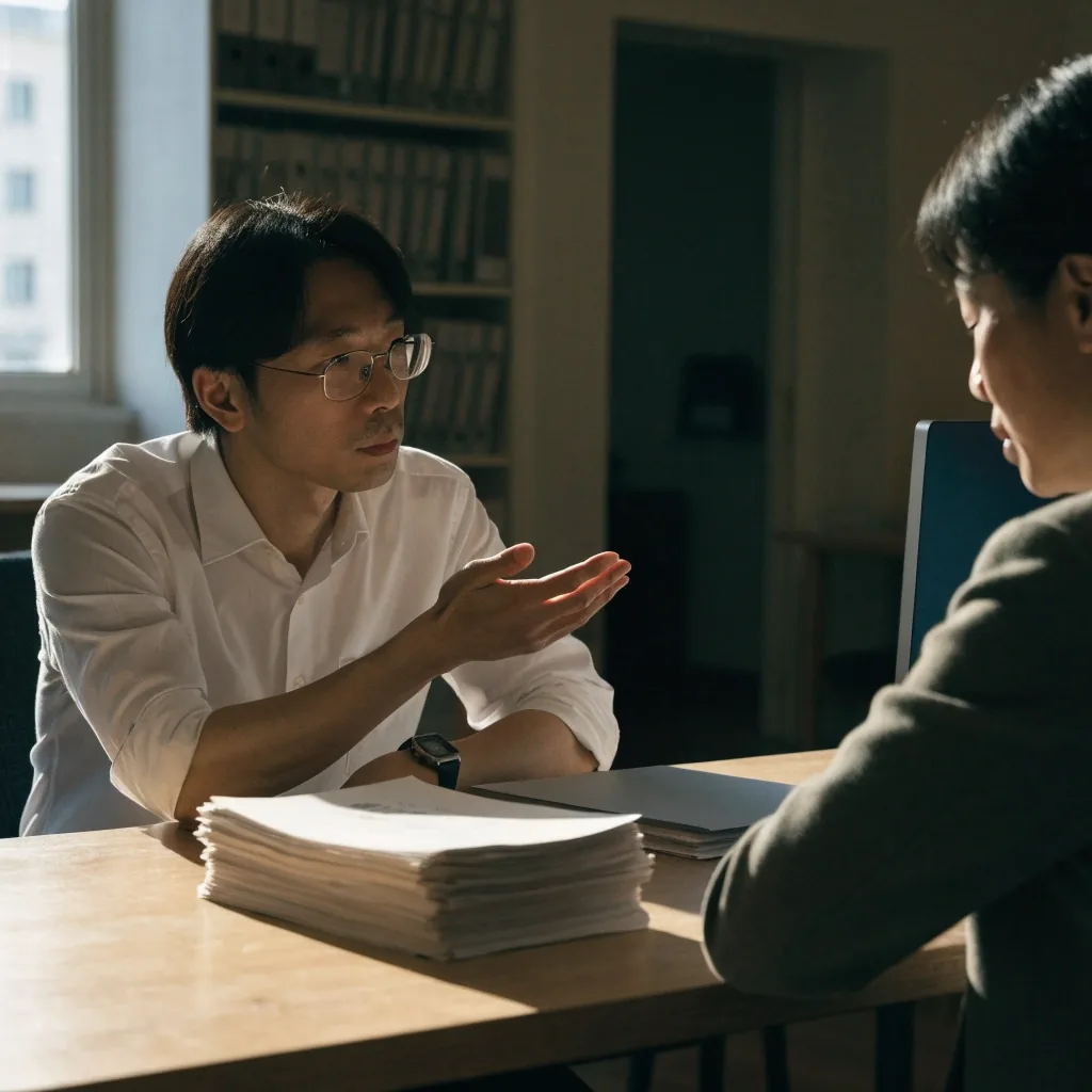 리서치 리뷰 장면: 노트북을 덮고 비운 회의실 테이블